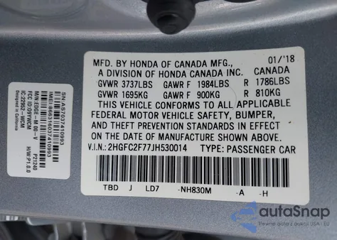 2018 Honda Civic Ex from USA, damaged, VIN 2HGFC2F77JH530014
